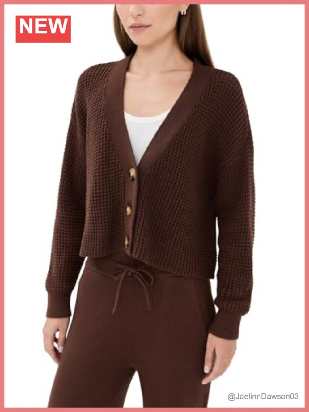Waffle Stitch Cropped Cardigan Sweater Button V-Neck Long Sleeve